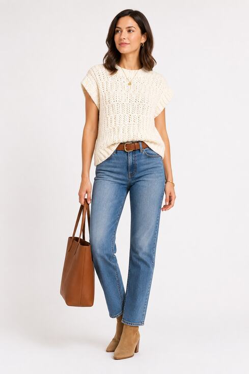 English Factory Sweaters - English Factory Cream Chunky Knit Sweater Short Sleeve Pullover Medium Boho